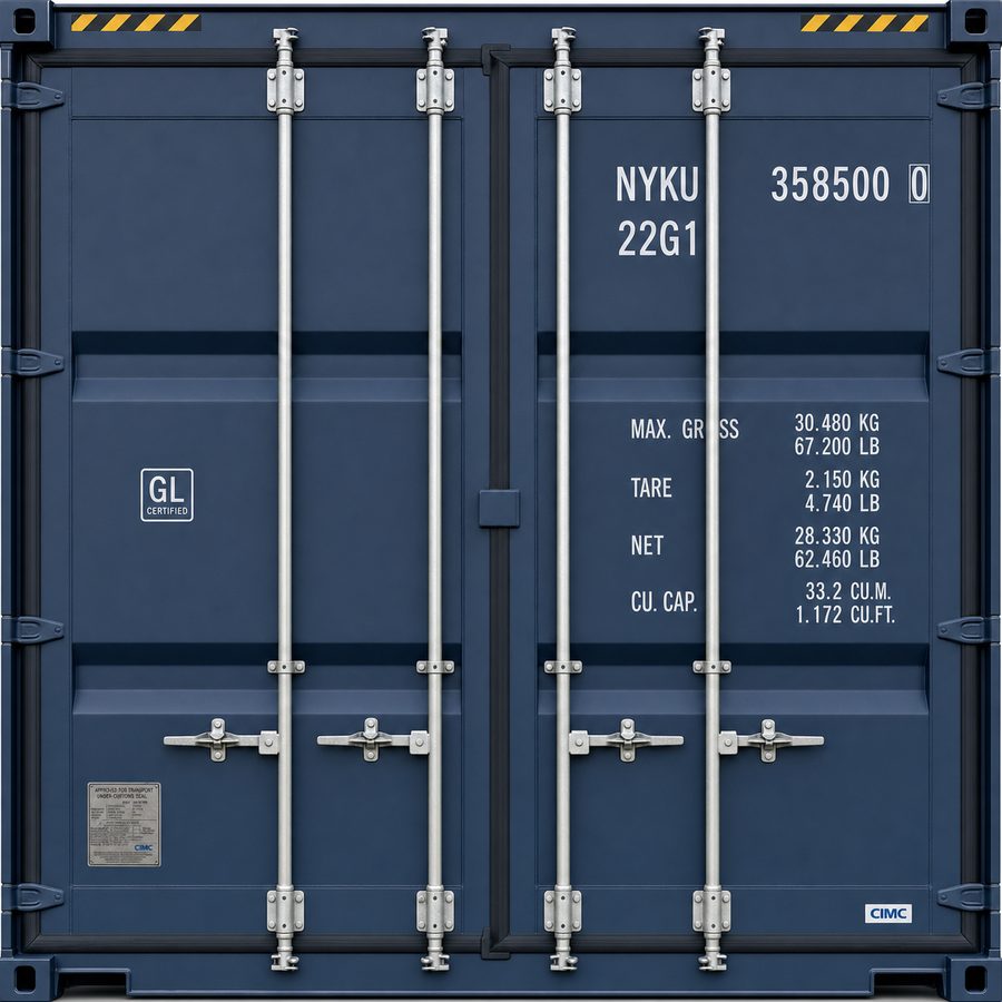 A closed navy shipping-container door with locking bars