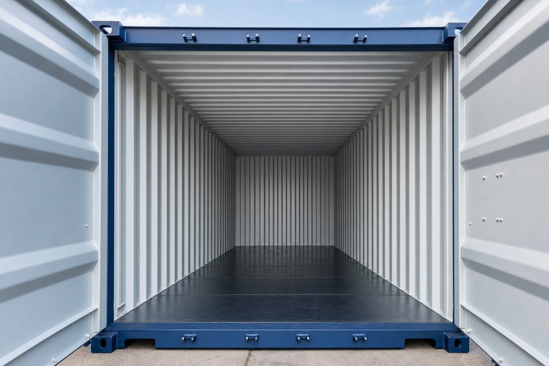 Inside a clean, empty shipping-container storage unit with corrugated steel walls